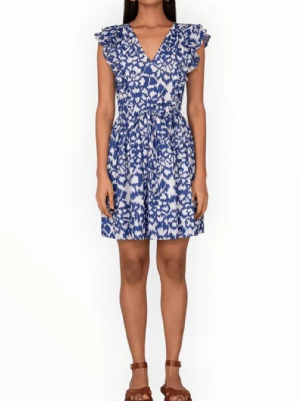 Banjanan Felka Dress Mini 100% Cotton Pleated Ruffle Short Sleeve Blue Medium